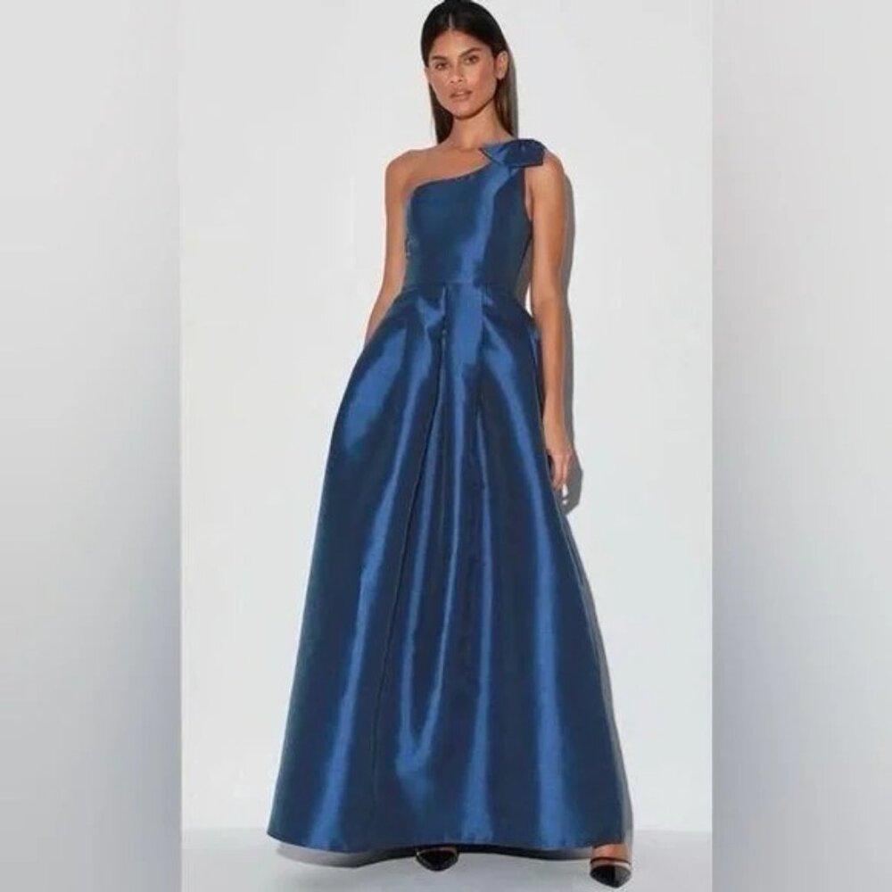 NWT Lulus Luxurious Evening Navy Blue One Shoulder Maxi Gown Dress Size Small